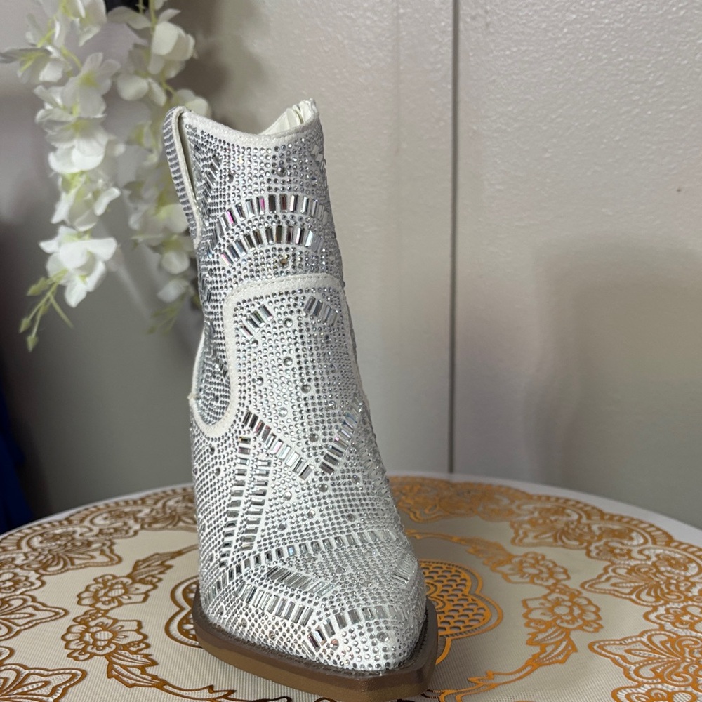 Very G White Rhinestone Heeled Boots - Picture 2 of 4
